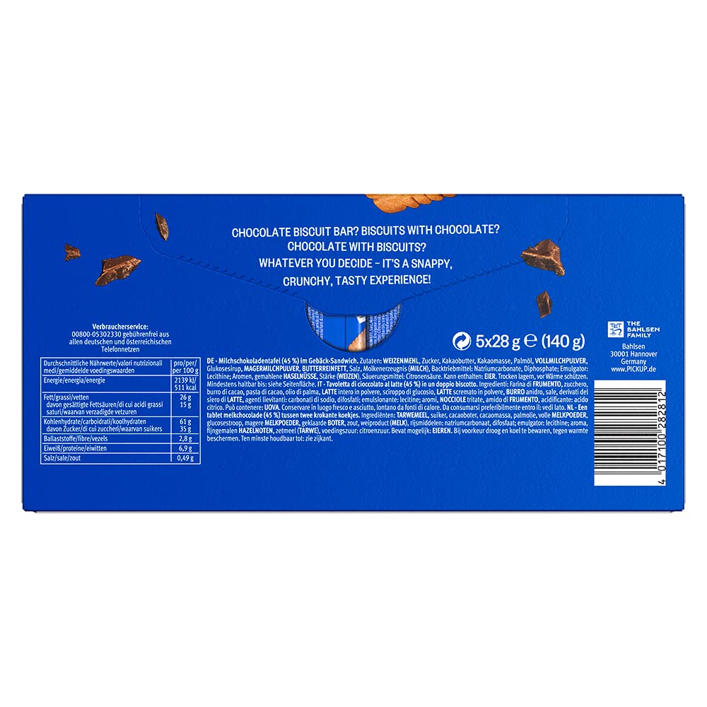 PiCK UP! Original (20 x 140 g), Riegel mit knackiger Milchschokoladentafel zwischen zwei knusprigen Keksen, der Snack für unterwegs, 20 x 5er Multipack