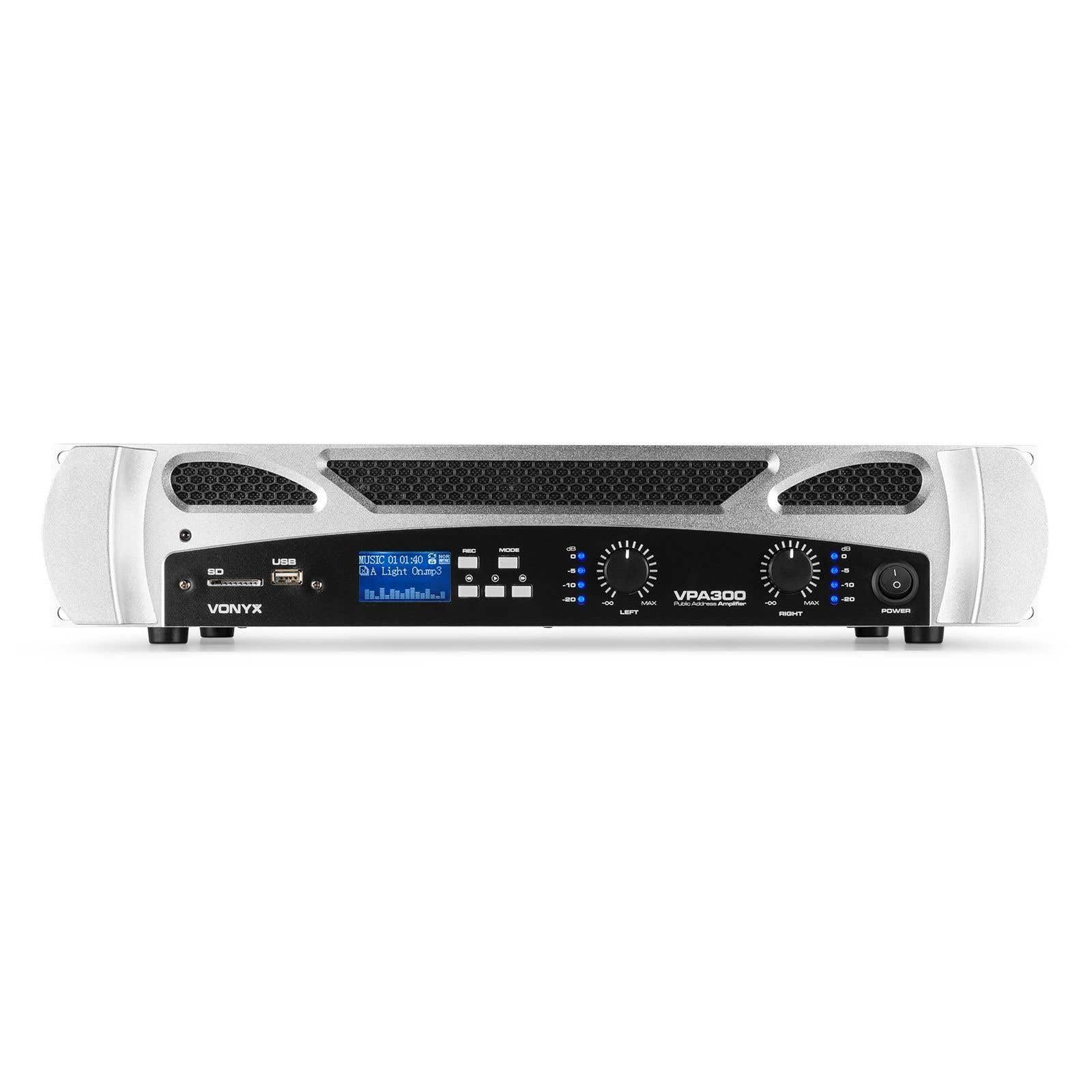 Vonyx VPA300 Amplificador PA 300W (2 Canales de 150W) Amplificador estéreo con Bluetooth y Reproductor mp3 Multimedia con USB y SD