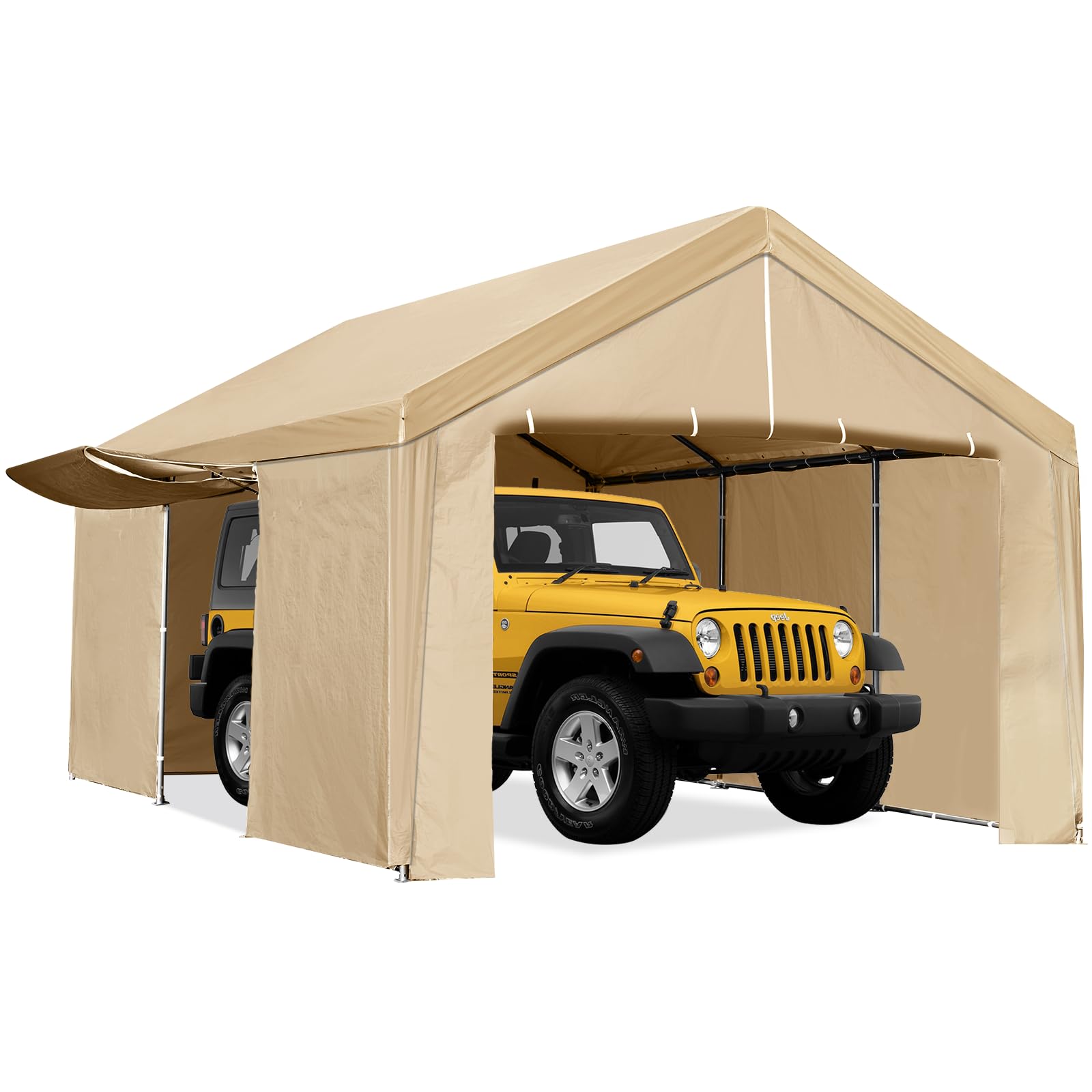 SXYCMYCarport 10×20 FT Heavy Duty Car Canopy Storage Shed, Portable Garage with Removable Sidewall & Front & Rear Zipped Doors, 180g PE Waterproof Canopy, 8 Legs Metal Frame Carport for Pickup Truck