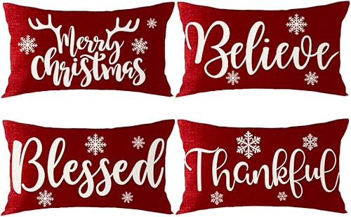 Juego de 4 fundas de cojín decorativas lumbares con texto en inglés "Merry Christmas Believe Blessed Thankful Blessed Thankful Snowfling" con fondo