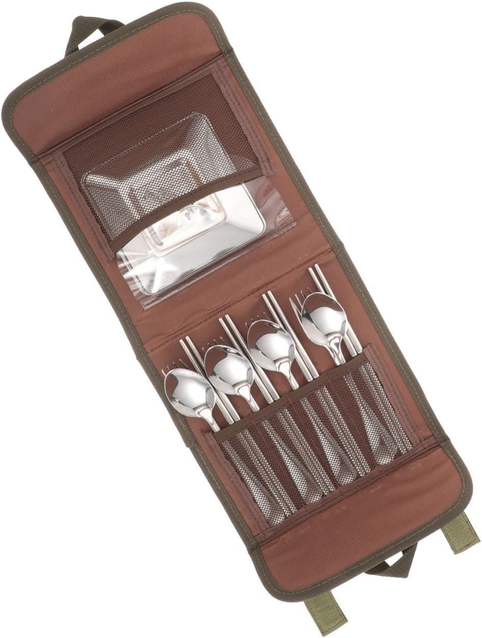 Veemoon Outdoor Camping Cutlery Set for 4 People, Stainless Steel Spoon Chopsticks Fork Plate, Portable Barbecue Picnic Tableware with Carry Bag Random Color