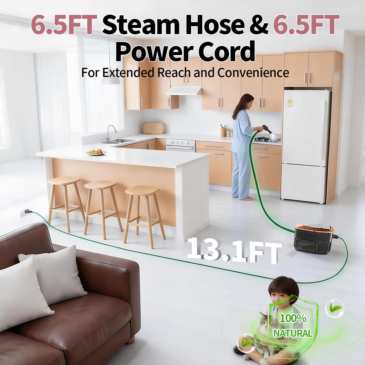 Limpiador de vapor para el hogar y el automóvil, vaporizador ajustable de 3 niveles para limpieza con pantalla de temperatura, calor rápido de 15 segundos, tanque grande de 1.8 L, vapor potente de 4