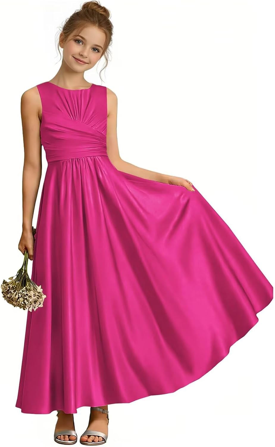 dideyttawl Pleated Satin A-Line L Junior Bridesmaid Dresses for Wedding Floor Length Sleeveless Flower Girls Dress 2785