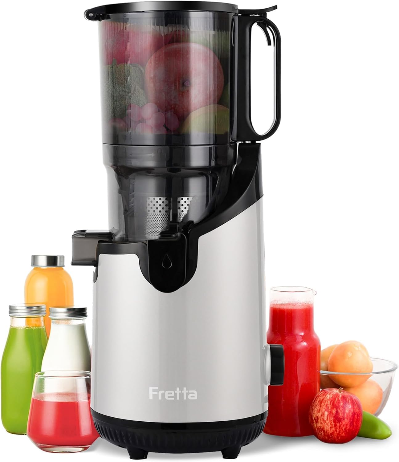 Cold Press Juicer,Fretta Juicer Machines with American-Sourced PCTG Material and 5.3" Extra Large Feed Chute,Fit Whole Fruits &amp; Vegetables,BPA Free 250W(Silver,1.8L)