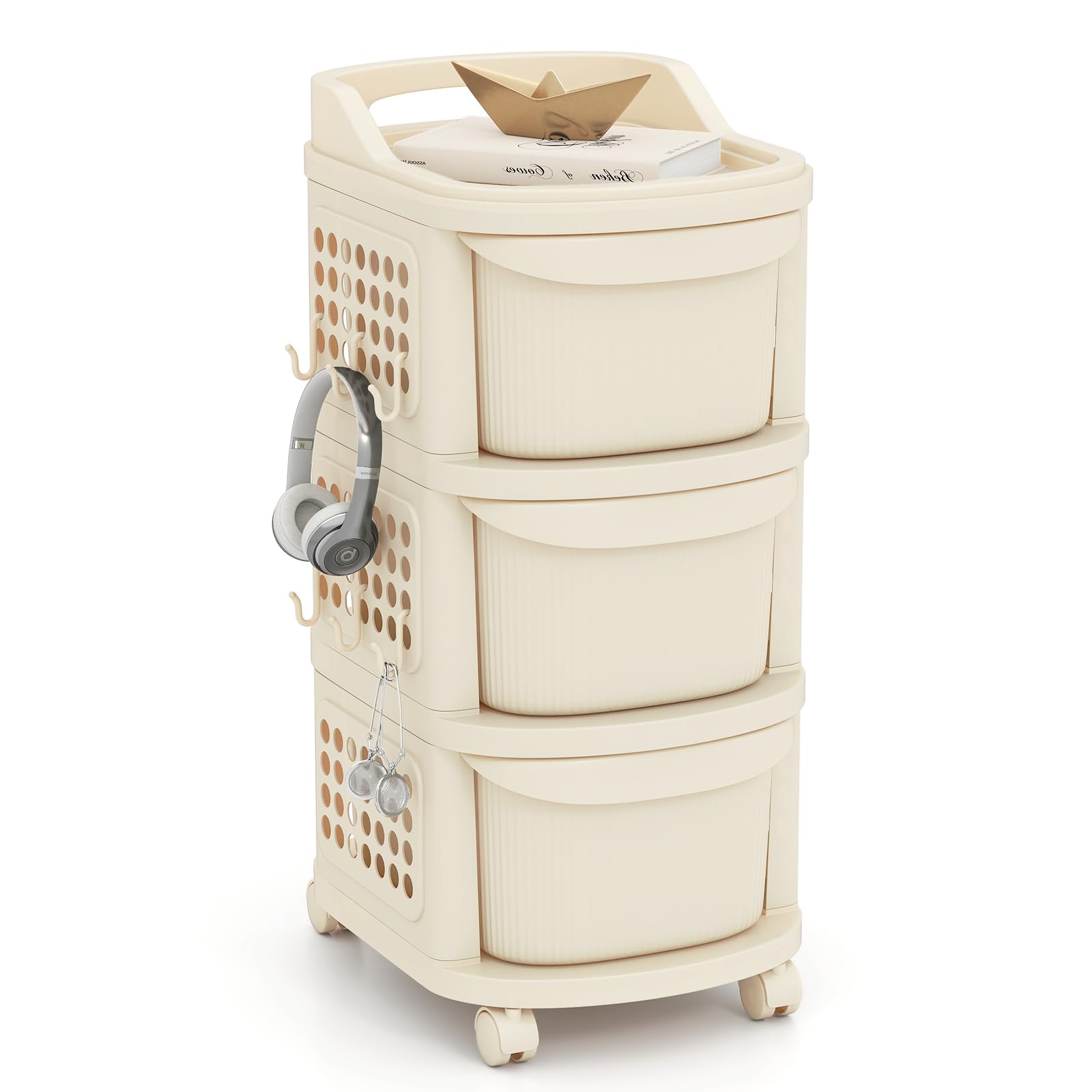 COSTWAY Carrito Auxiliar con Ruedas, 3 Cajones, Carro Almacenaje Estrecho con Ruedas y 6 Ganchos, Tablero Perforado y Asa, Carrito Organizador de Plástico para Cocina, Baño, 38x32x68 cm, Blanco Crema