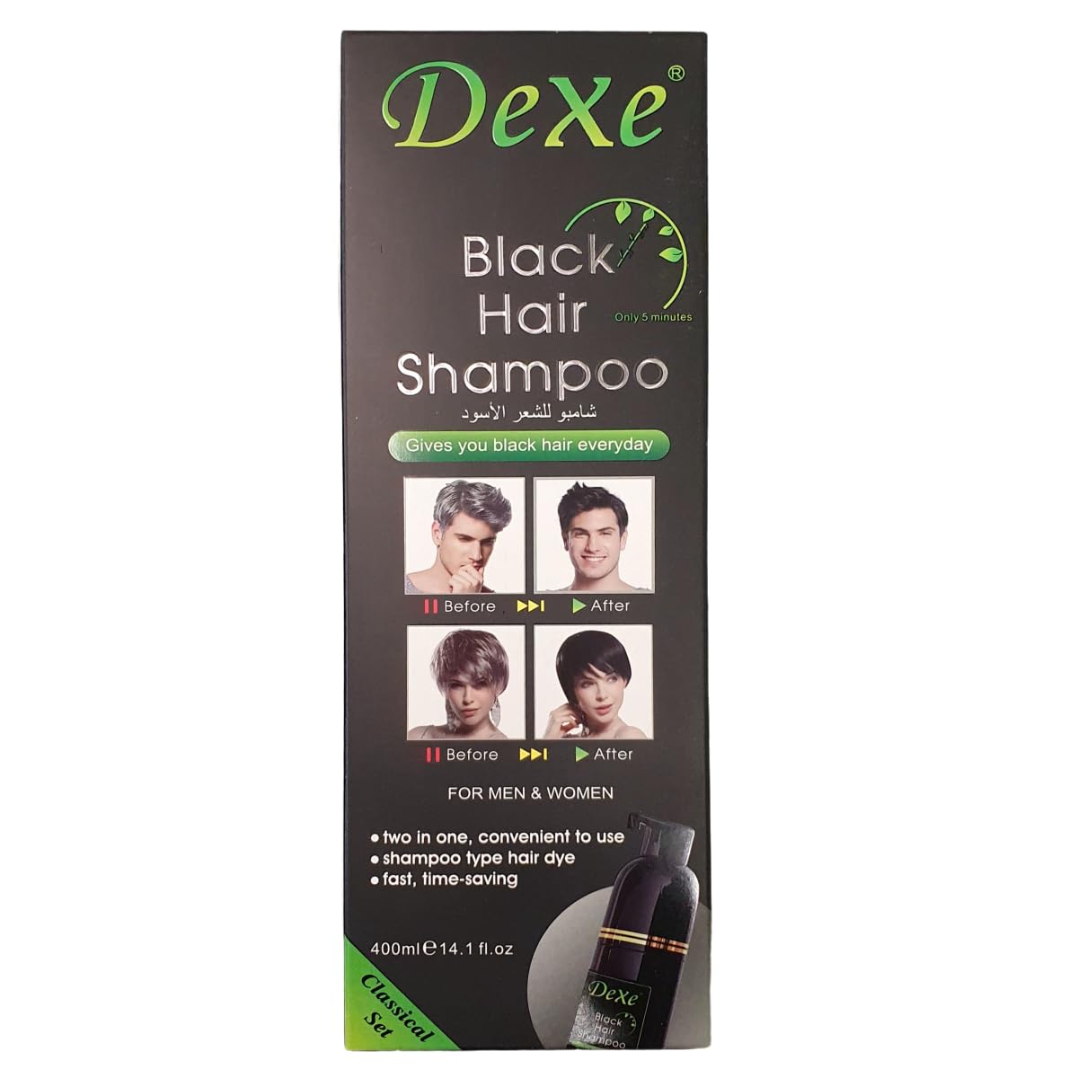 Instant Black Hair Shampooing colorant pour hommes et femmes Couverture 100 % des cheveux blancs Facile et rapide Tenue 30 jours Coloration noire 3 en 1 400 ml