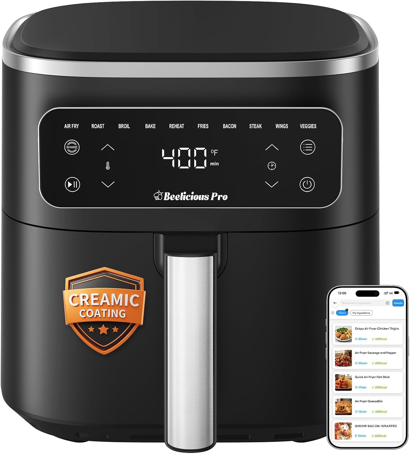 Beelicious Pro 10-in-1 MicroTemp Air Fryer 6.5QT, PFAS-Free Ceramic Coating Airfryer, Nonstick & Dishwasher Safe, Smart E-Recipes & Food Freshness Assistant, Shake Reminder, Compact, Digital Display