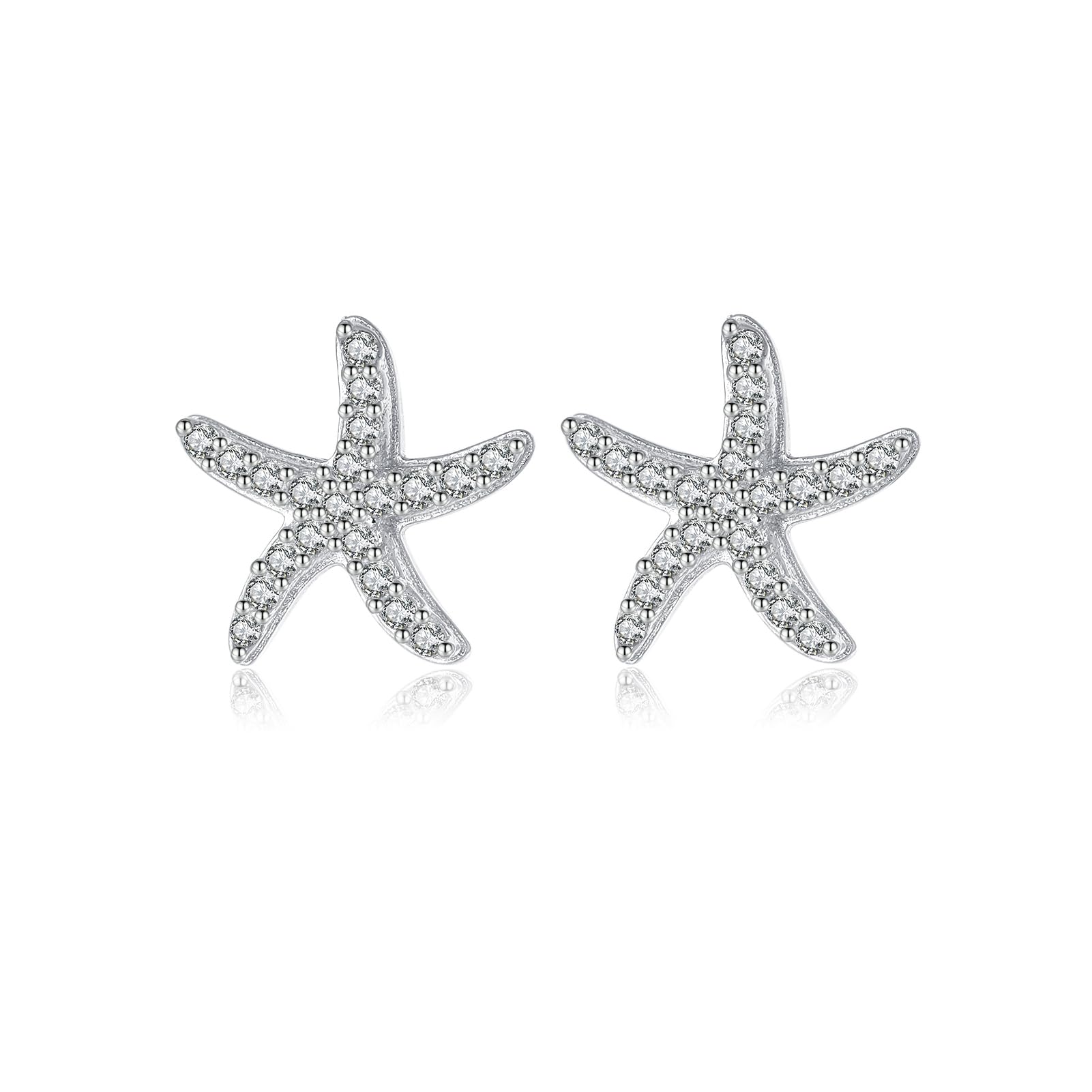 Reffeer Pendientes de plata de ley 925 maciza con circonitas cúbicas, diseño de estrella de mar para mujeres y niñas, pendientes de pez de mar