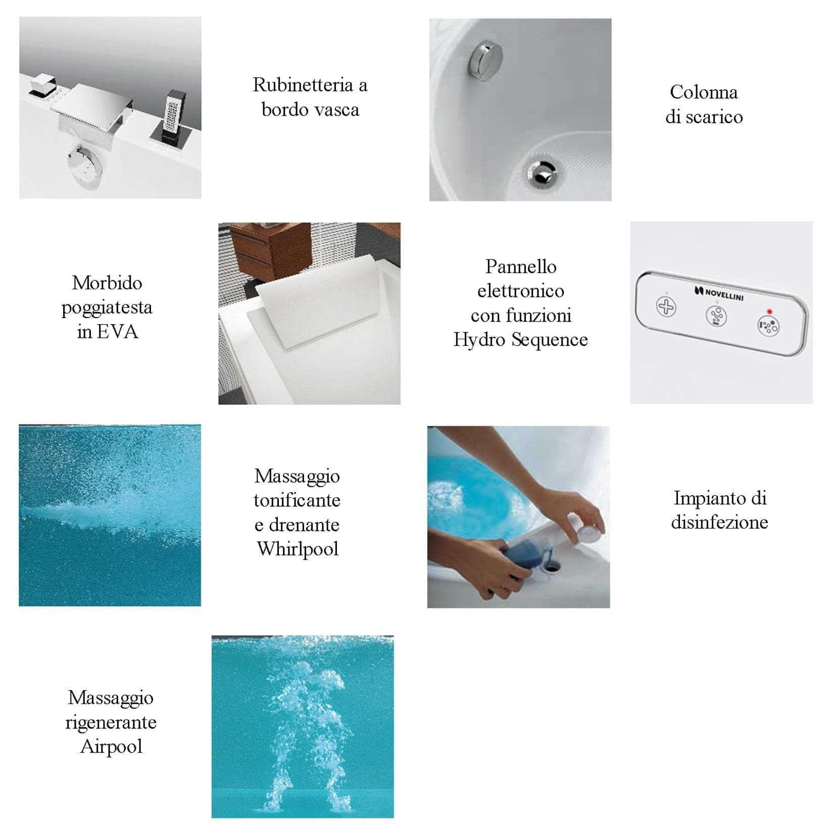 Novellini Calos 2.0 Wanna Hydro Plus Boczna Woda 6 Jet Dezynfekcja Airpool 12 dysz 170 x 70 cm Odwracalny Prostokątny 2 Panele Akrylowy Biały Błyszczący Kolumna Bateria Wyświetlacz Poduszka