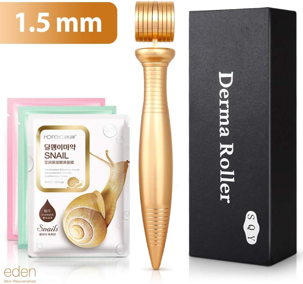 Facial Roller by Eden Care – 540 Titanium Microneedle | Premium Derma Roller Complete Face Kit - Cosmetic Needle Tool – Younger Looking Smooth Skin – FREE BONUS: 4 Hyaluronic acid & 2 Snail Masks
