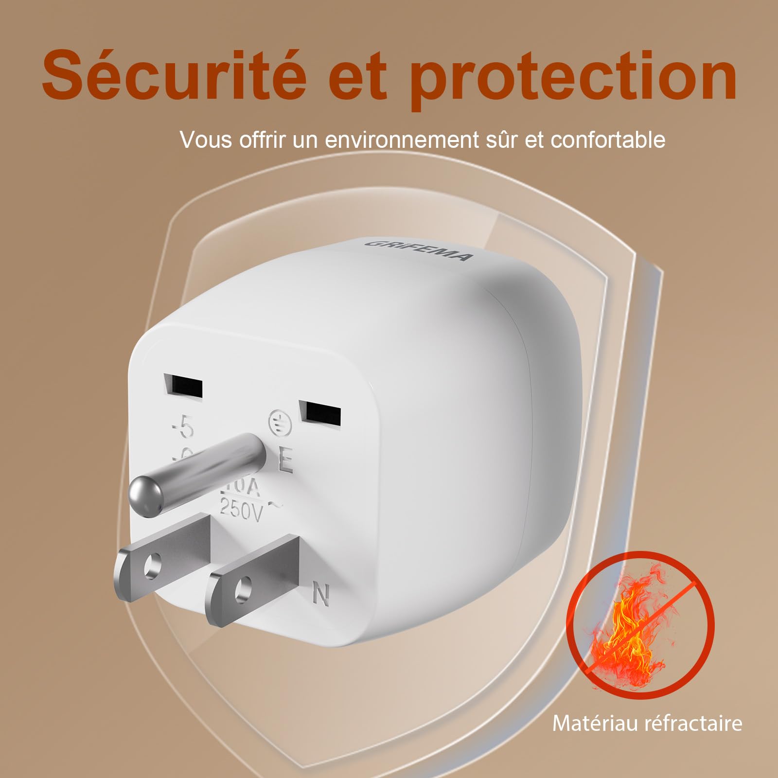 GRIFEMA Adaptateur Prise USA, Fiche France vers États-Unis Canada Mexique Thaïlande Type B, Connecteur de Voyage avec Maintien Ferme, Matériau Ignifuge PC, 250V 10A, 2 Pièces
