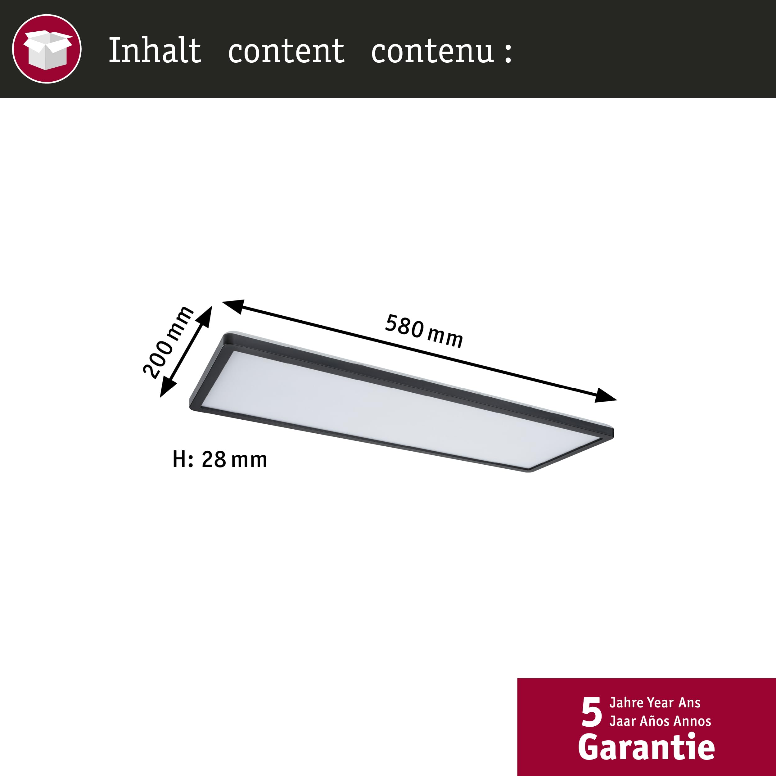 Paulmann 71003 LED Panel Atria Shine 3-Step-Dim eckig - Dimmbar Warmweiß Lichtpanel Kunststoff Deckenpanel 3000 K, Schwarz, Incl. 1x22 W, 580 x 200 mm