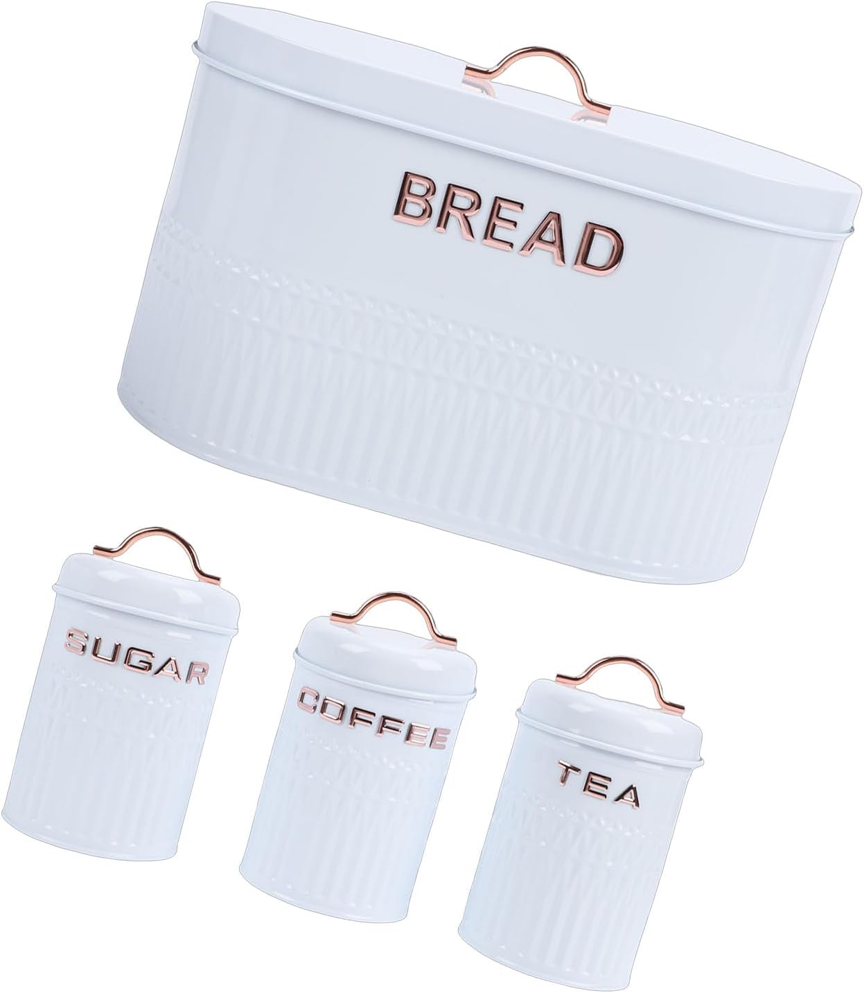 Metal Bread Box and Canister Set, Food Grade Storage Metal Canister for Tea, Coffee & Sugar, Ideal for Kitchen Countertop & RVs (White)