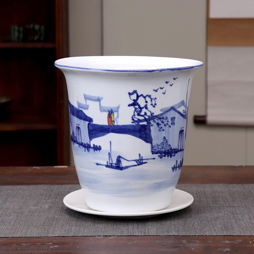 DFGHNBVC Ceramic Planter Blue And White Porcelain Flower Pots With Drainage Chinese Bonsai Pot Chinoiserie Decorative Plant Pot Table Centerpiece For Home Office Table,1-blue white