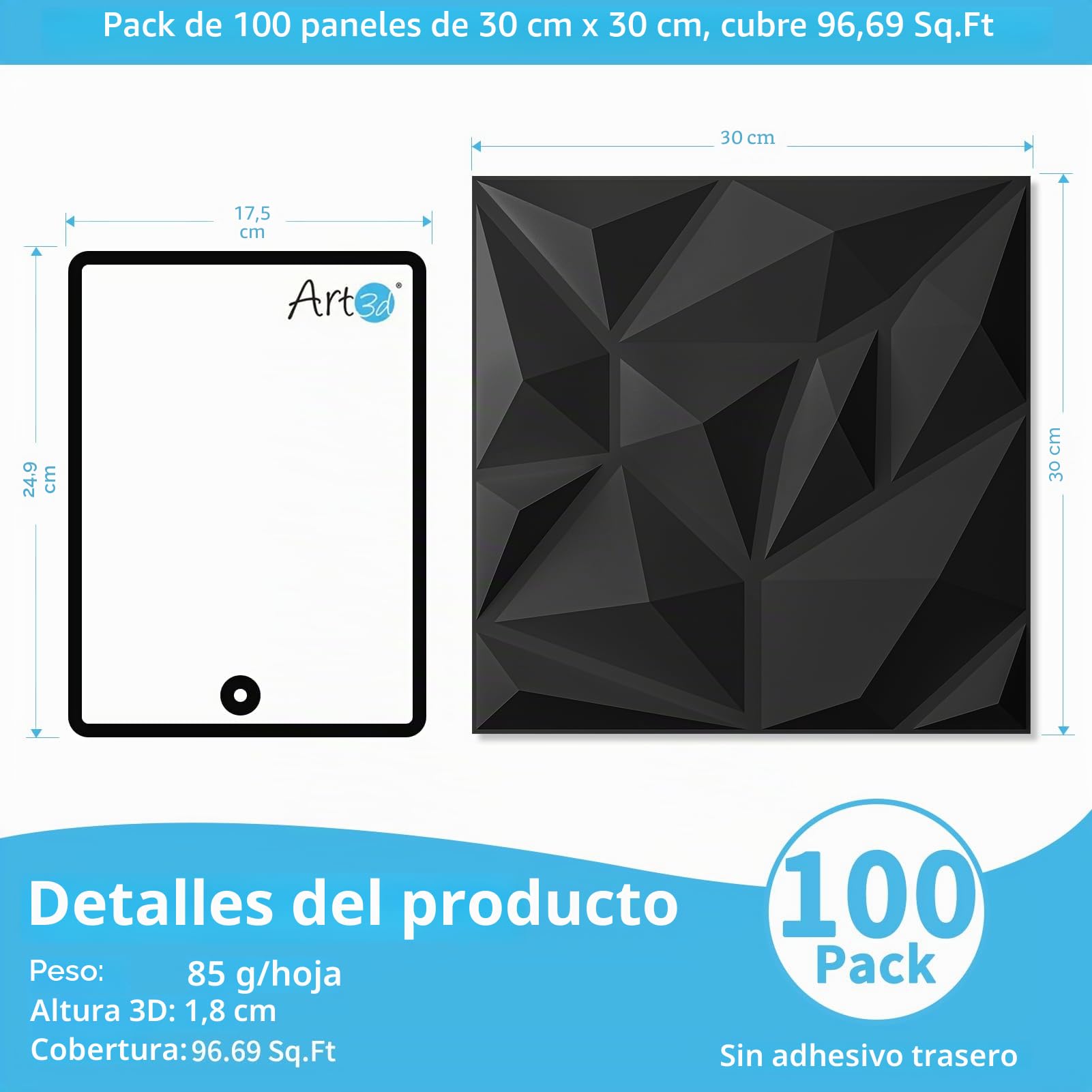 Art3d 100 paneles de pared 3D para decoración de paredes interiores PVC diamante revestimiento de pared para gaming salón TV fondo de pared 30 x 30 cm negro | 100 Piezas, PVC, 9 m², 30x30 cm | Impermeable, Reciclable, Inodoro | Ideal para Gaming, Salón, F