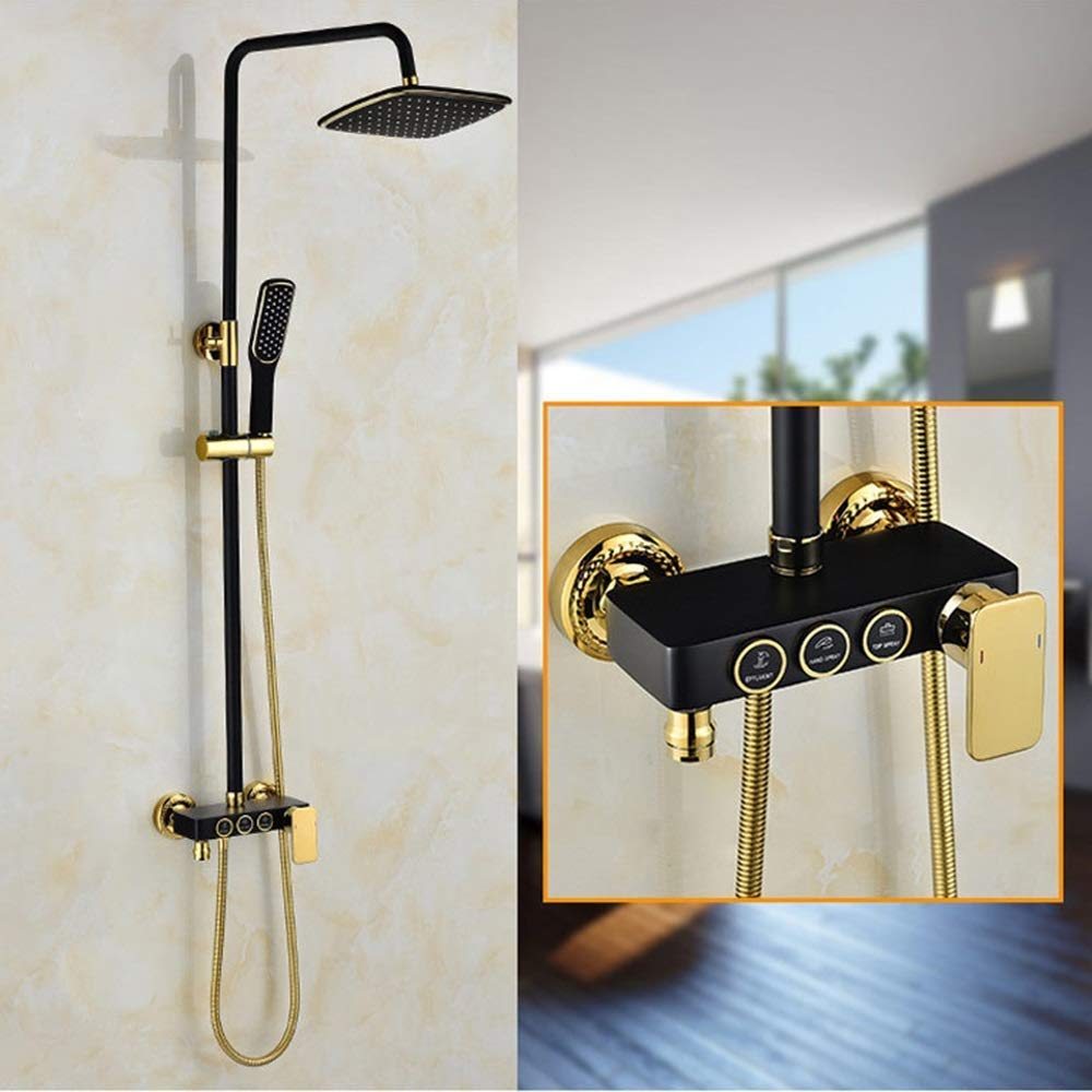 OZBMA Shower Set Black Gold Copper Faucet Top Lift System Three Gears Beautiful Practical Luxury