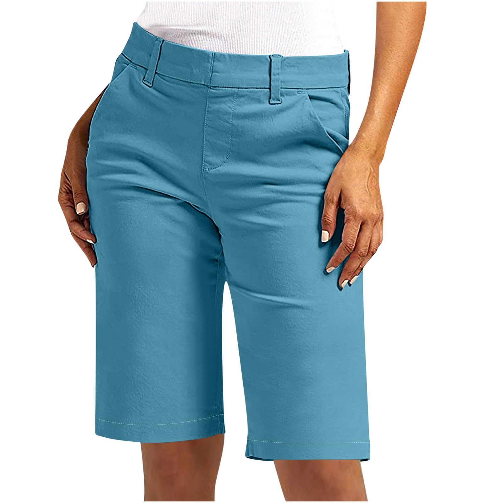 Bermuda Shorts for Women Trendy Summer Straight Leg Chino Shorts Ladies Business Casual Dress Pants for Office Work Blue