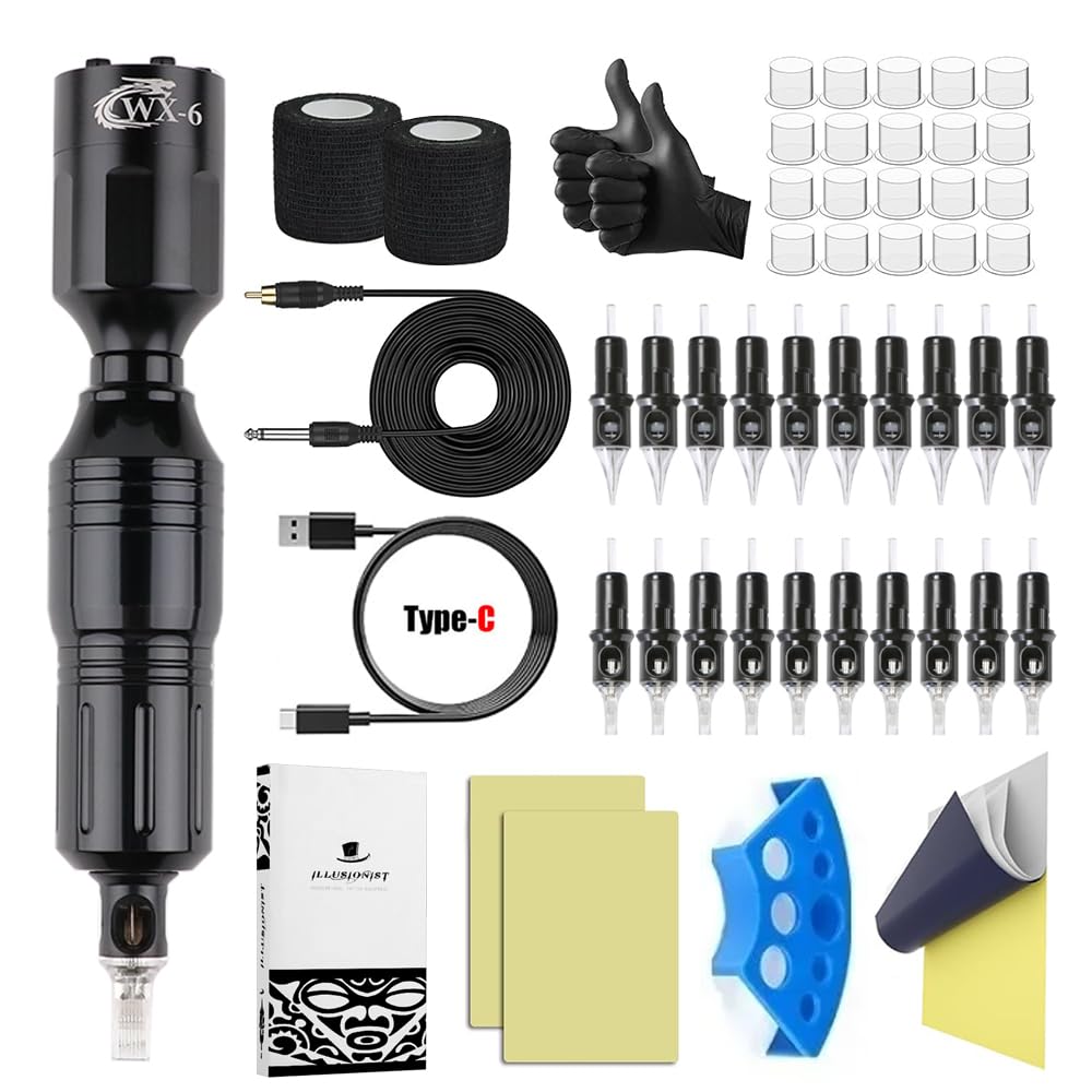 Professional Wireless Tattoo Machine Kit Rotary Tattoo Pen Wireless Power Supply RCA Interface With Cartridge Needles Ink Set Tattoo Supplies for Body Art Permanent Makeup