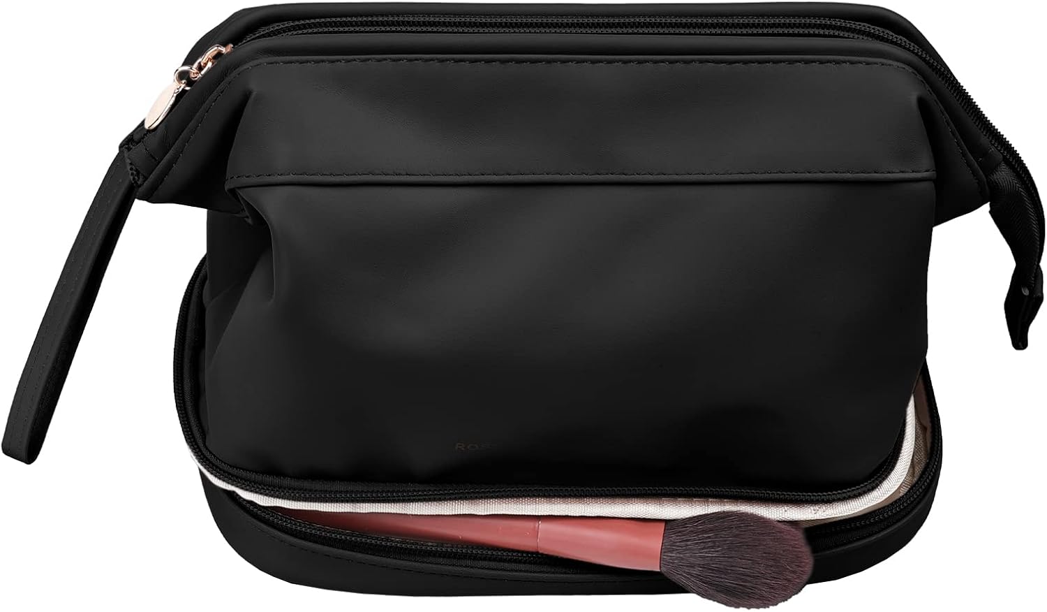 Surblue Leather Makeup Bag Cosmetic Bag Travel Cosmetic Bag for Women Double Layer Toiletry Brush Bags with Handle, Black
