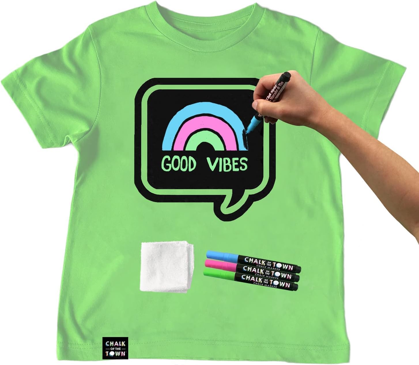 Green Speech Bubble Chalkboard Short Sleeve T-Shirt Kit for Kids with 3 Markers and 1 Stencil (Youth X-Small)