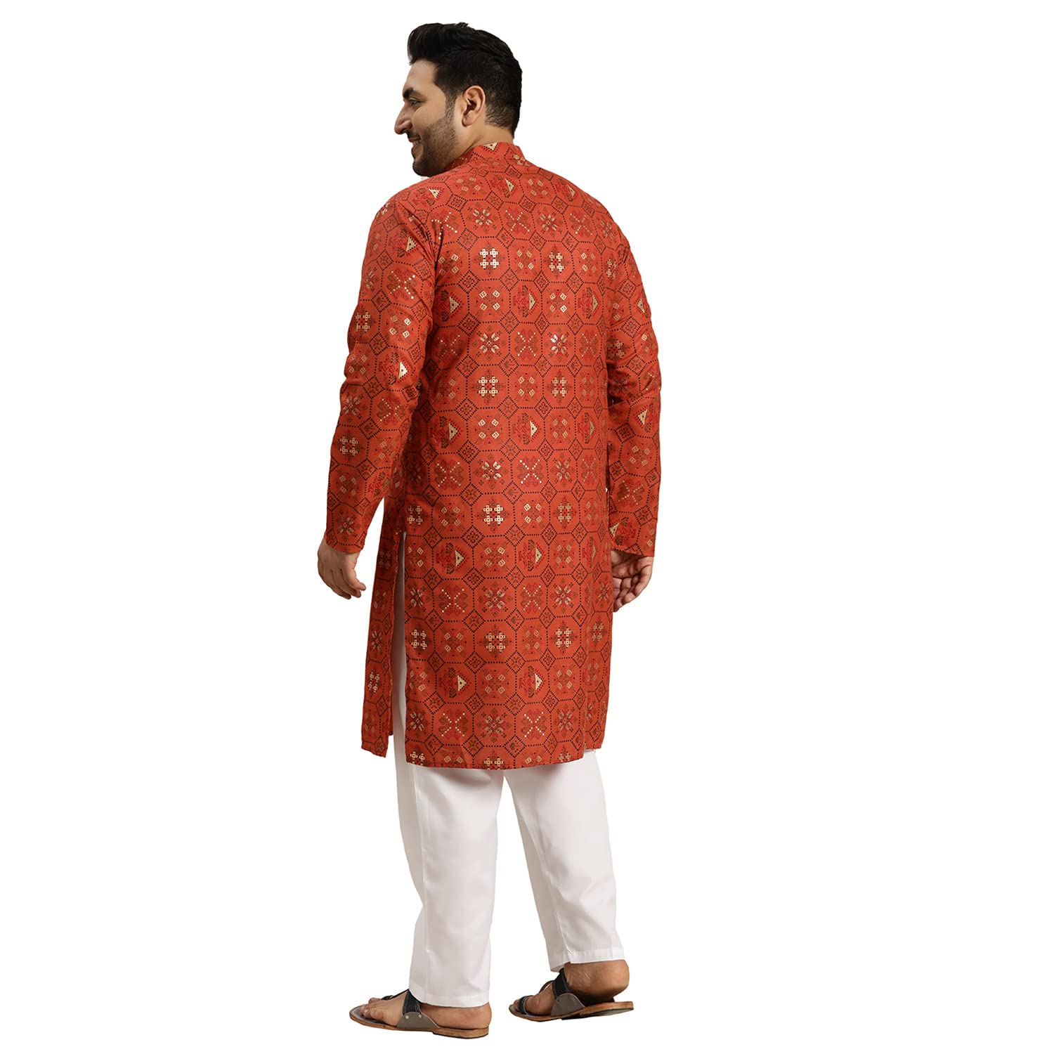 Sojanya Plus (Since 1958) Men's Cotton Linen Orange And Multi Printed Kurta And White Pyjama Set