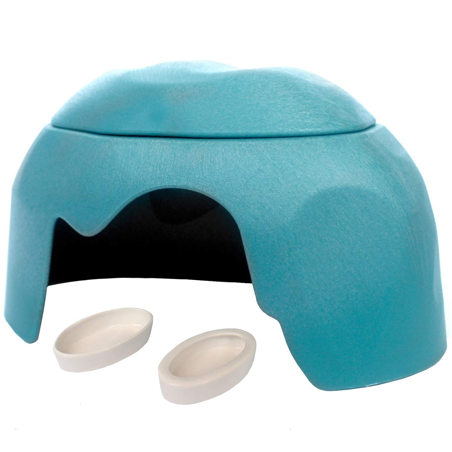 Reptile Hideout Cave Box with 2 Ceramic Sinks Fit for Snakes Lizards Chameleons Tree Frogs Geckos Small Tortoises and Other Small Reptiles (Blue)