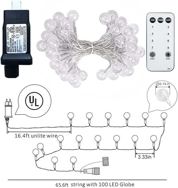 Globe String Lights 65.6 Feet 150 LED, Plug in Crystal Fairy String Lights with Remote Timer, 8 Modes Indoor Outdoor Hanging Globe Lights for Wedding Bedroom Classroom Patio Garden