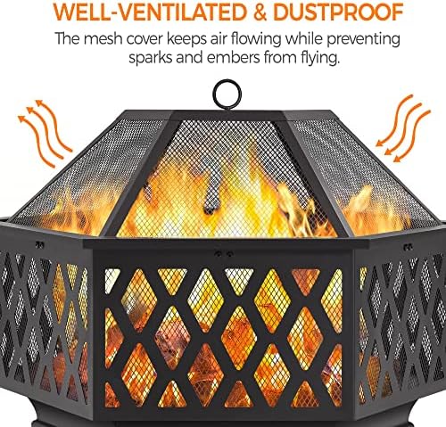 Yaheetech 28in Hex Shaped Fire Bowl - Large Wood Burning Outdoor Fire Pit with Spark Screen & Poker for Bonfire, Picnic, BBQ - 3