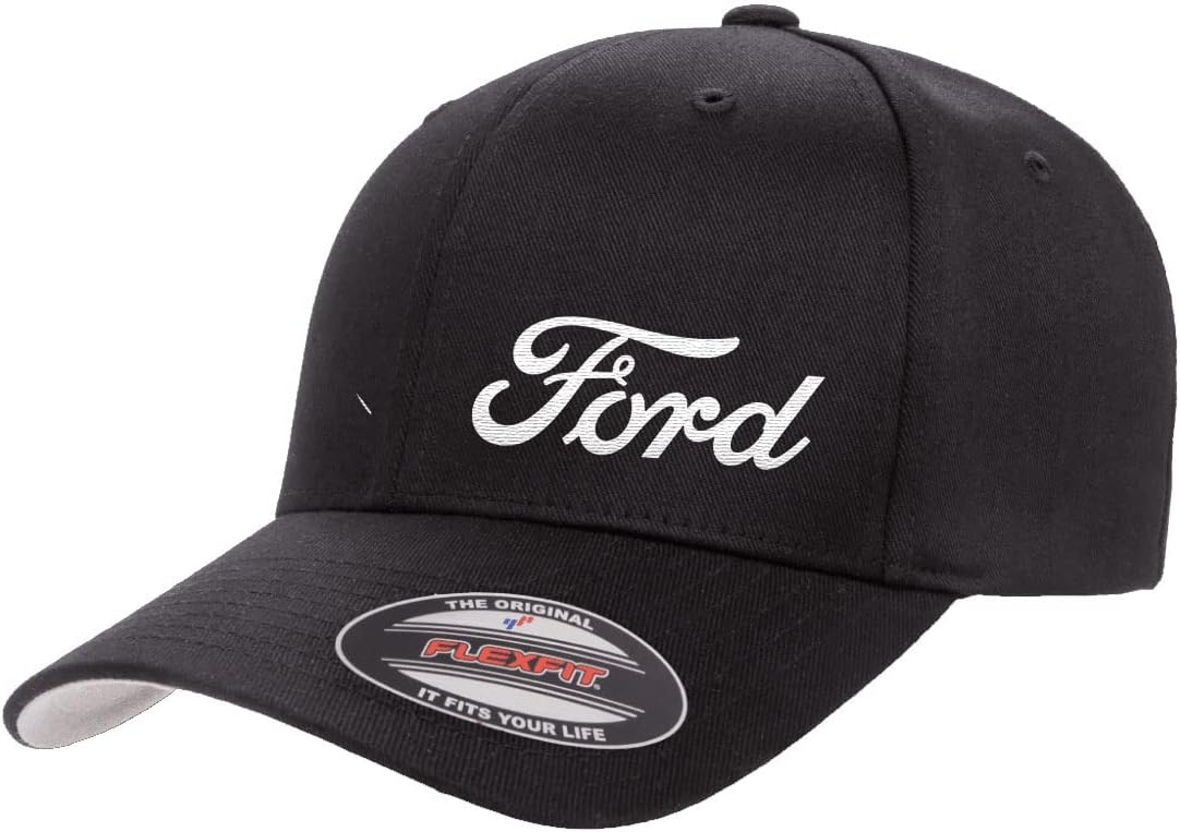 Ford Motor Co Script Logo New Side Panel Fully Embroidered Flexfit 6277 Athletic Baseball Fitted Hat Cap