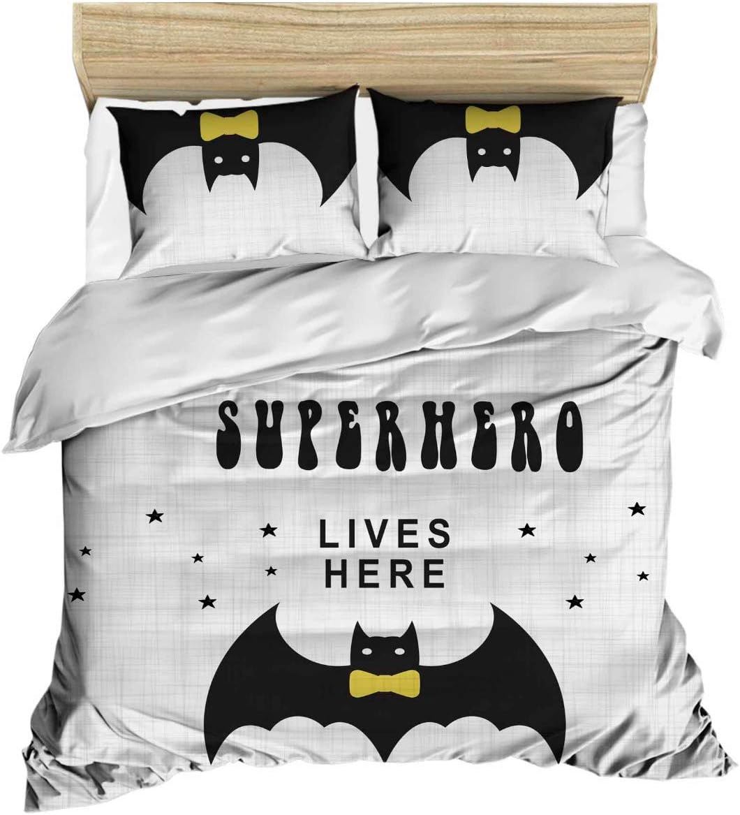 3D Printed 100% Cotton Superhero Bedding Set, Batman Themed Full/Queen Size Quilt/Duvet Cover Set, Grey (3 Pcs)