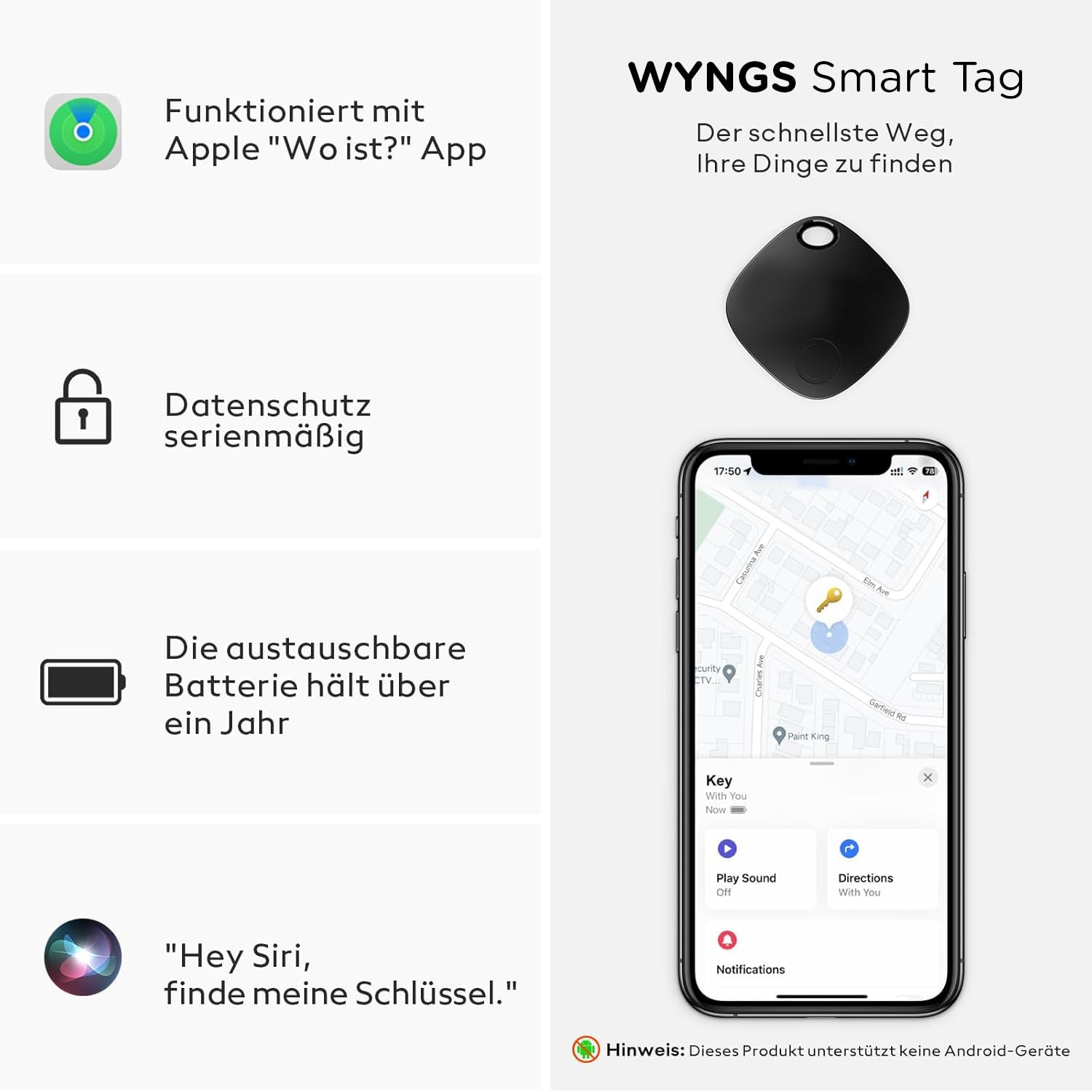 WYNGS Air Tag Schlüsselfinder – Bluetooth Tracker für iPhone, Schlüssel, Taschen & Haustiere – Kompatibel mit Apple 'Wo ist?' App & iOS – Smart GPS Ortung – Schwarz - 4er Set