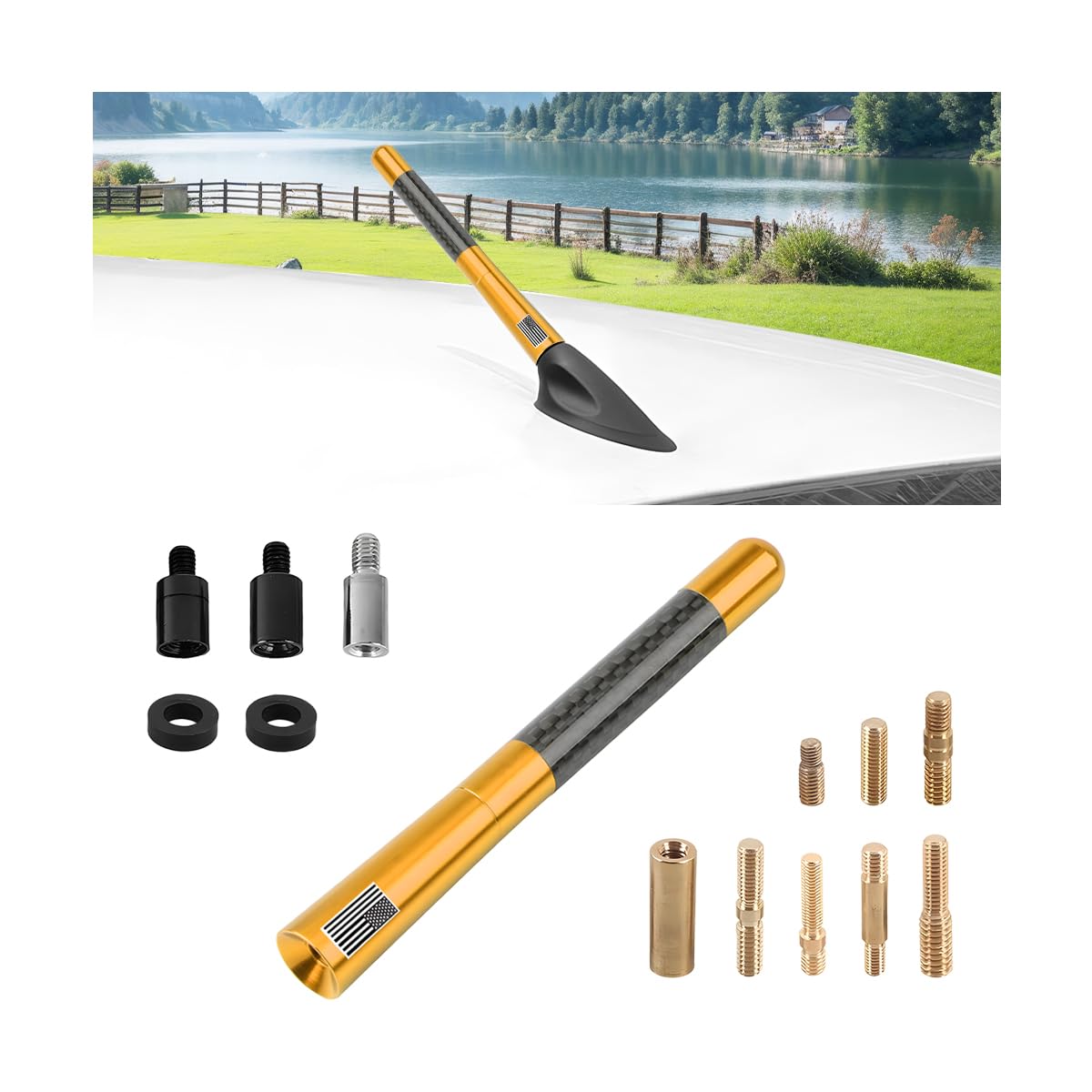 Car Antenna, 4.72 Inch Flexible Vehicle AM FM Radio Signal Mast for Enhanced Reception, Roof Mount Automotive Antenna Replacement Accessories, Universal for Truck Motorcycle RV (Gold)