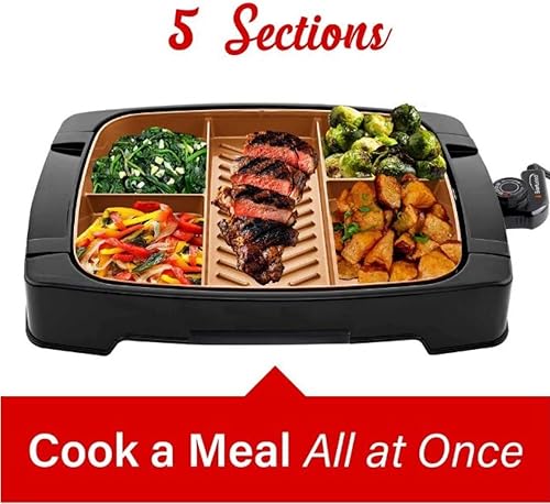 Miniatura 2 de Parrilla eléctrica de interior de 5 zonas con revestimiento de cobre antiadherente, máquina de comidas multiporciones de 1500 W, termostato
