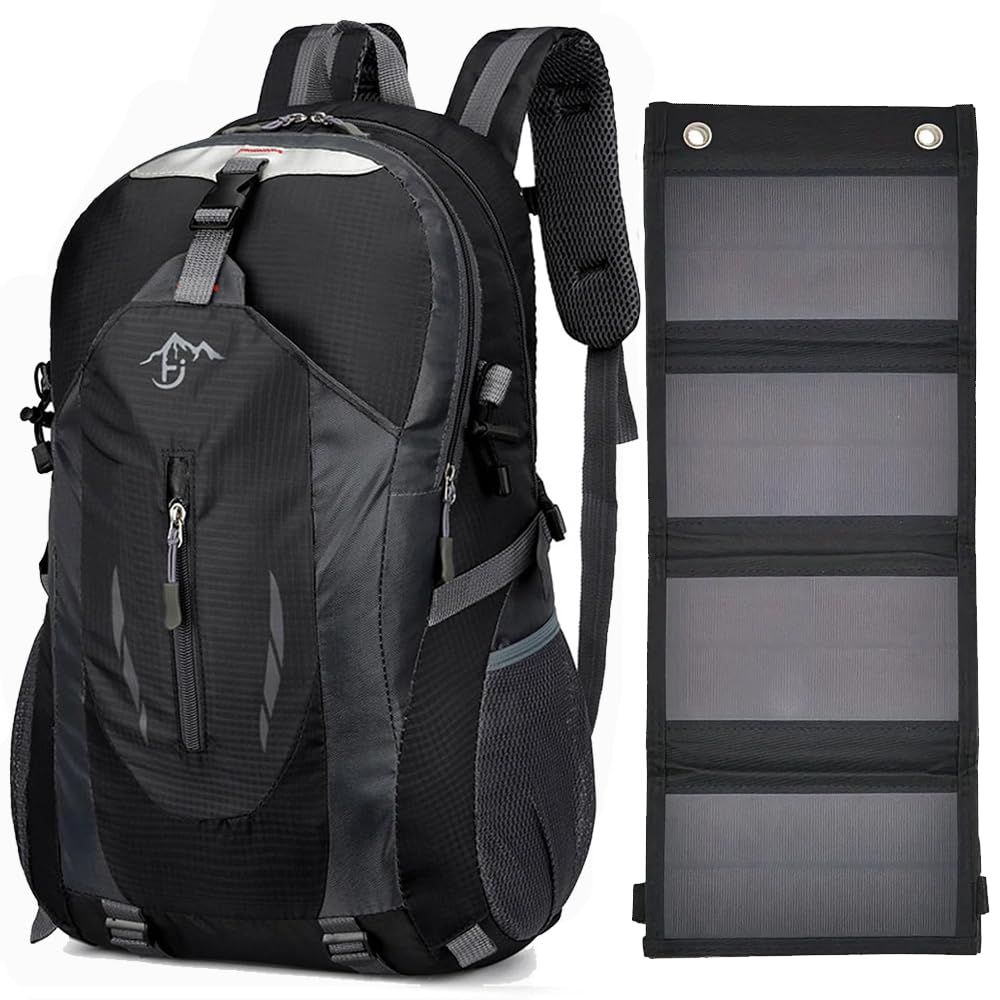 Zaino con Pannello Solare 20W USB 5V - Zaino Trekking da 40 Litri Impermeabile per Escursionismo, Alpinismo, Campeggio - Spallacci e Schienale Imbottiti, Antistrappo e Multifunzionale