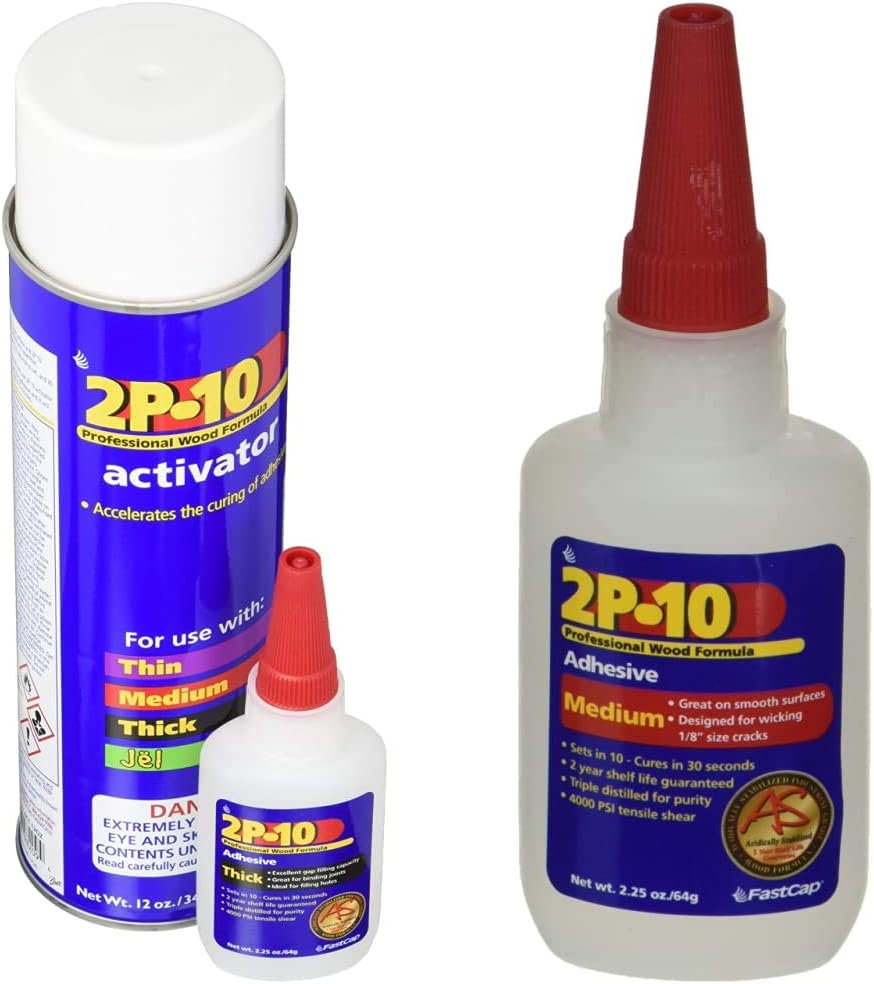 FastCap 2P-10 Super Glue Adhesive 2.25 Ounce Thick and 12 Ounce Activator Combo Pack & 80113 2P-10 Professional 2 Ounce Medium Wood Adhesive Glue