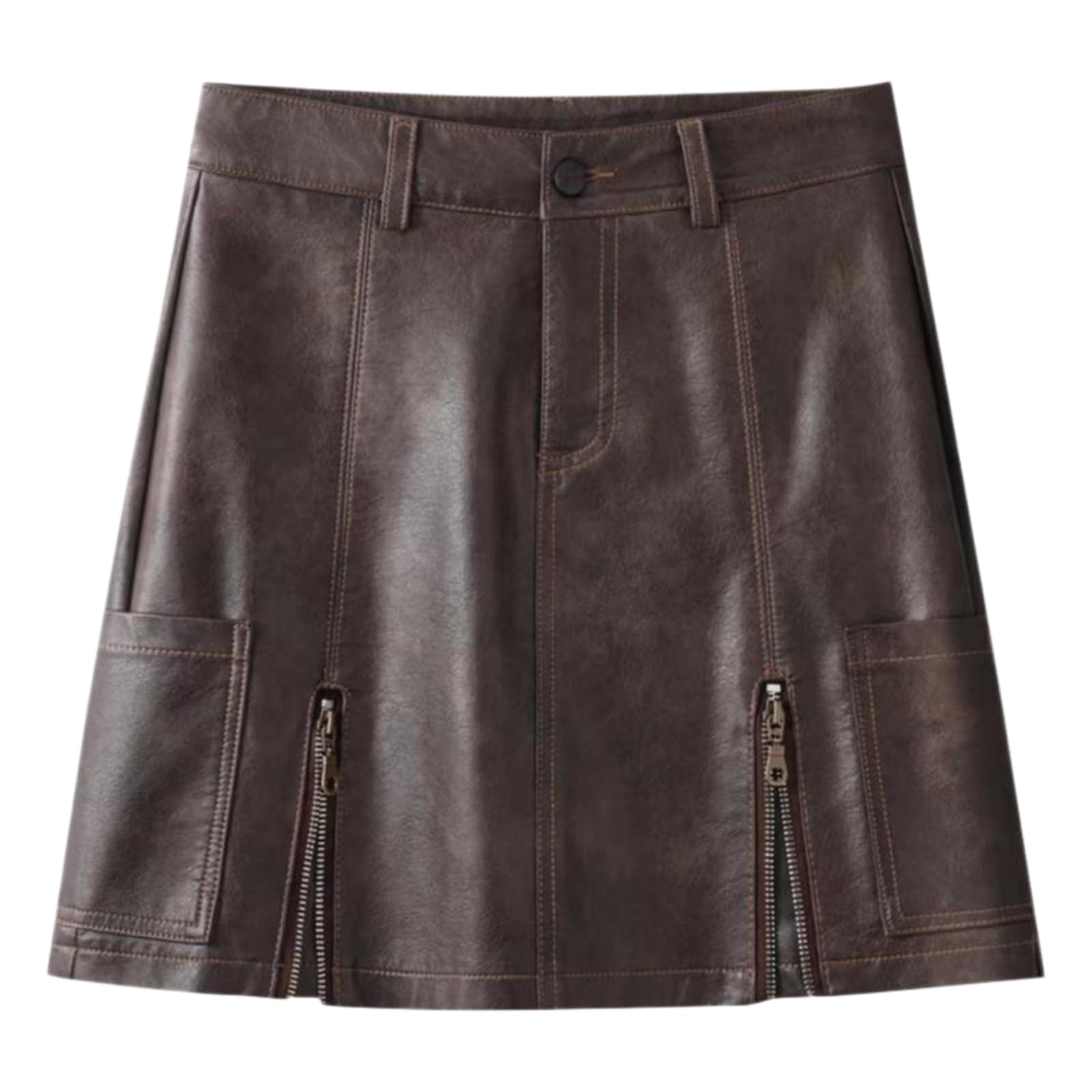 Minifalda Mujeres De Alta Cintura PU Cuero Mini Falda A-línea Slim Fit Otoño Invierno, Falso Falda-Brown-s