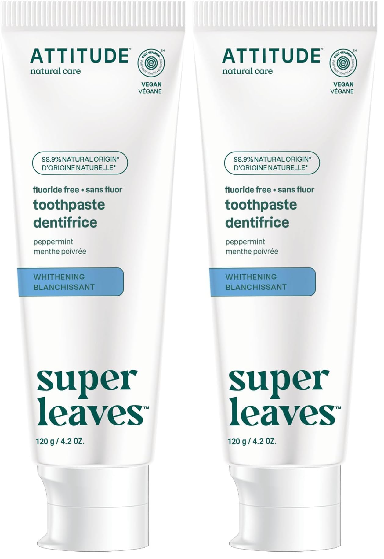 ATTITUDE Fluoride-Free Whitening Toothpaste, Peppermint Flavor, Vegan & Cruelty-Free, Sugar-Free, Plant & Mineral-Based Ingredients, Clean Oral Care, 120 g (Pack of 2)