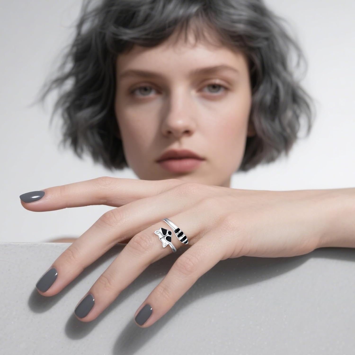PRAYMOS Raccoon Ring for Women 925 Sterling Silver Adjustable Open Ring Size 4 5 6 7 8 9 10 11 12 Raccoon Jewelry Gifts - Image 3