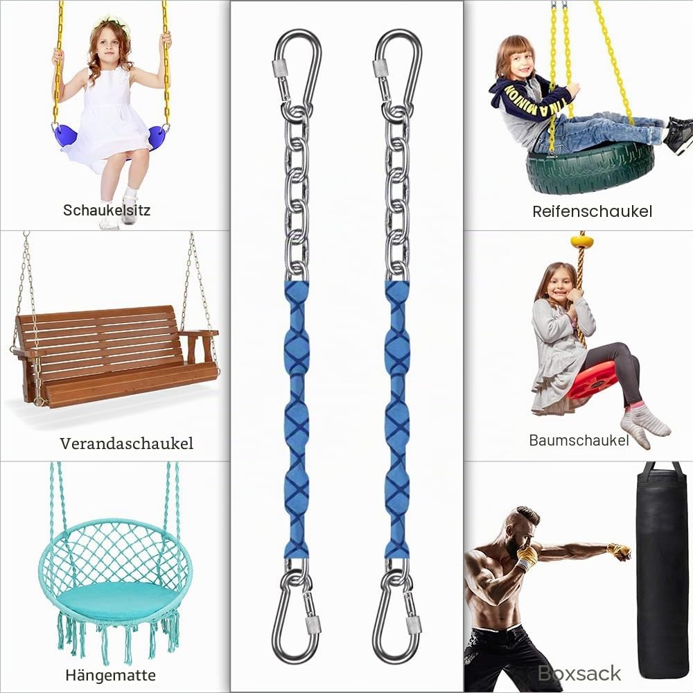 BeneLabel 2er Schaukelketten mit Weicher Griff, 170cm Hängesessel Kette Edelstahl Verstellbar Hängematte Aufhängung Kette mit Karabiner Boxsack Verlängerung Befestigung, 5mm Durchmesser, Bis 454kg