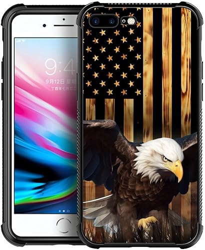 Miniatura 1 de TnXee Funda compatible con iPhone 8 Plus, funda de grano de madera con bandera estadounidense de águila calva para iPhone 7 Plus para hombres y