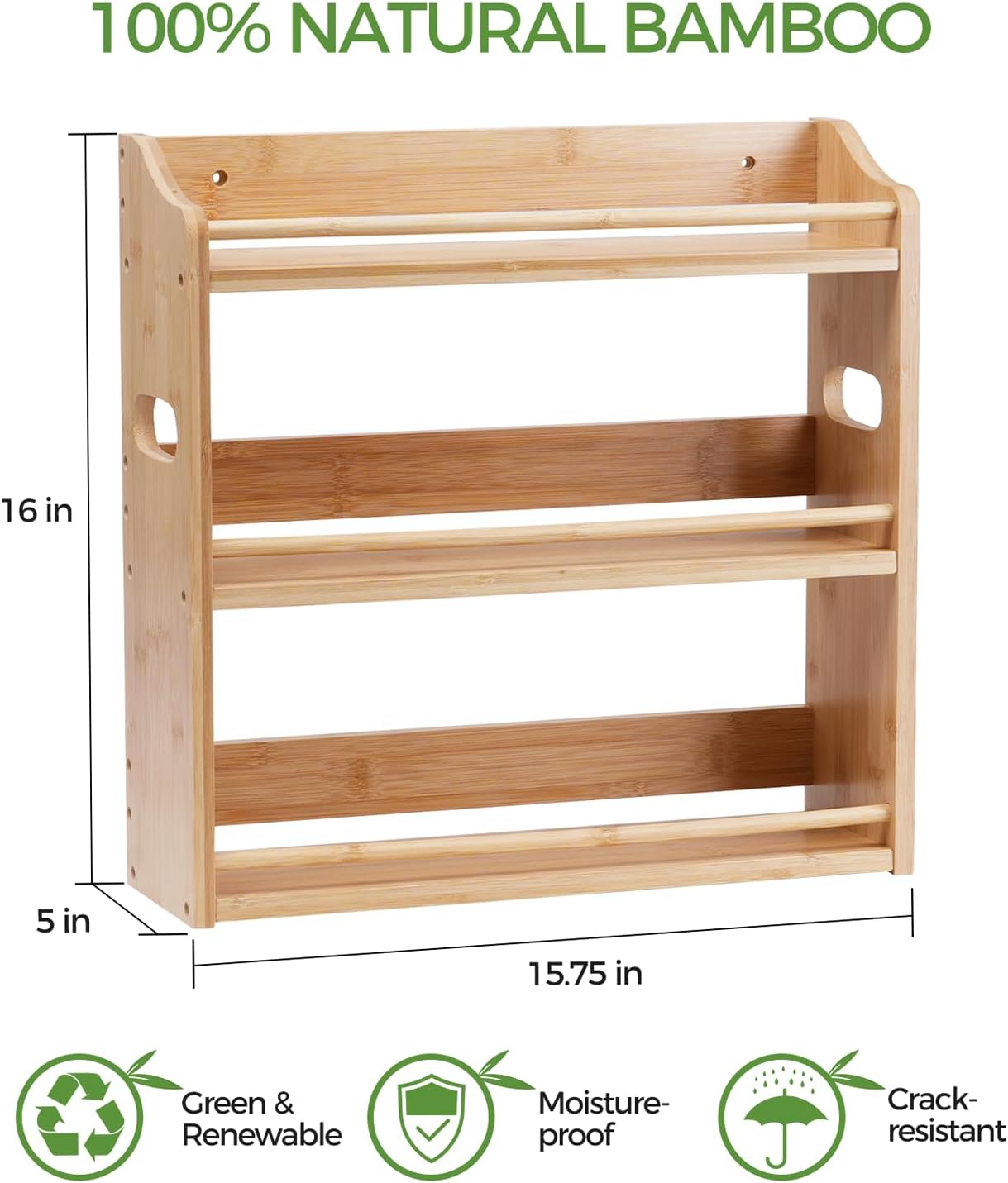 Bamboo Spice Rack Organizer, 3 Tier Spice Jars Storage Rack with Handles, Seasoning Shelf for Kitchen Counter or Wall - Image 9