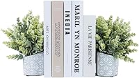 MyGift L-Shaped Decorative Bookends with Faux Eucalyptus in Geometric Gray Concrete Pots - Stylish Shelf Desk Nook Decor Pair