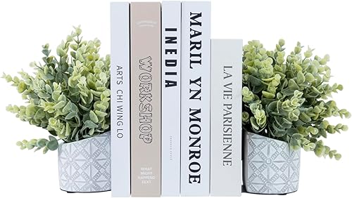 Miniatura 8 de MyGift Sujetalibros modernos de hormigón gris en forma de L con plantas de césped verde artificial, soportes decorativos resistentes para libros de