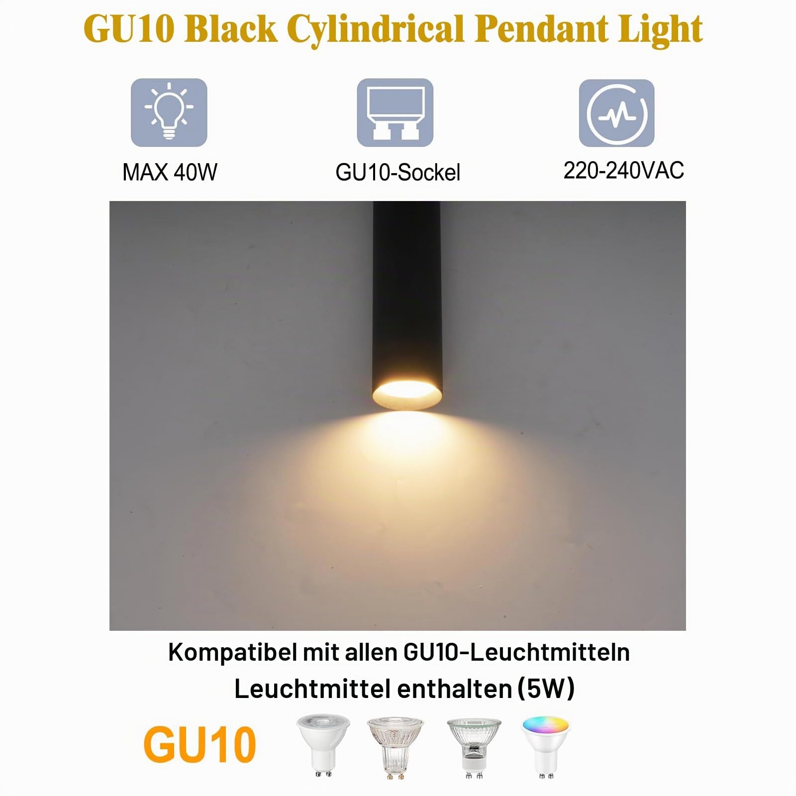 Pendelleuchte Schwarz, Hängelampe GU10 Zylinder mit 5W LED Leuchtmittel, Moderne LED Hängeleuchte für Schlafzimmer Nachttisch,Küche, Esstisch, Wohnzimmer Warmweiß 3000K (30cm 2Stück)