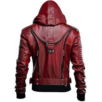Salaar & Co Men's Red Sheepskin Hooded Biker Leather Jacket