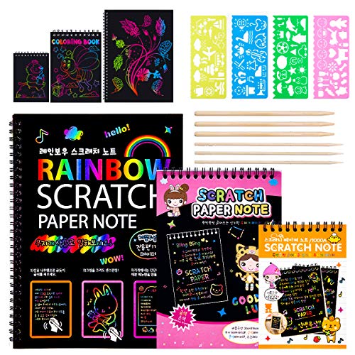 MELLIEX Scratch Art Notes per Bambini, Set di 3 Blocco da Disegno Arcobaleno Scratch Paper con 6 Penne Stilografiche in Legno e 4 Righelli da Disegno per Disegni, Giochi e Scrittura
