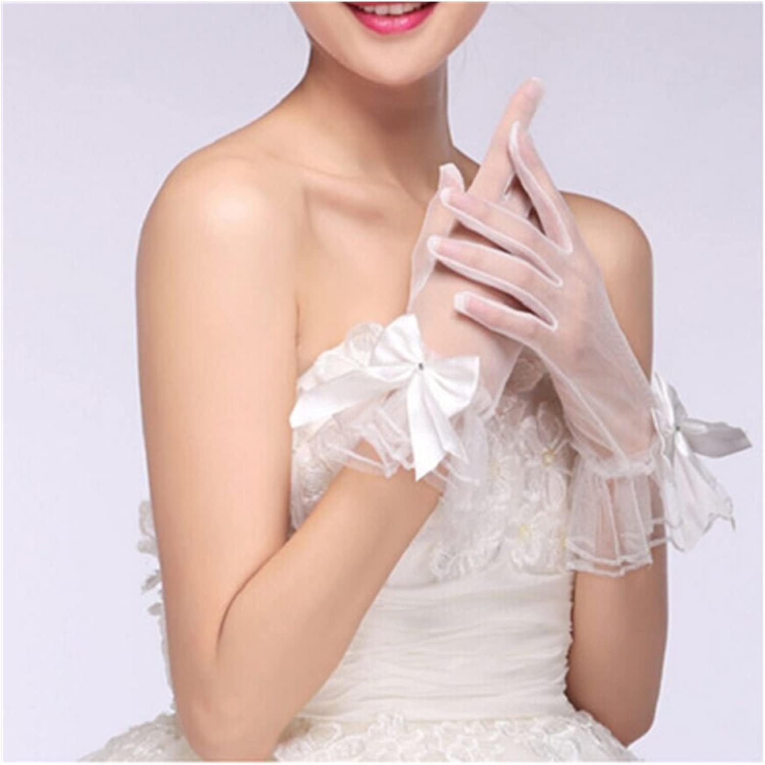 Lace gloves Women Lace Mesh Gloves Short Tulle Gloves Ladies White Wrist Gloves Large Bow Knot Marriage Glove Party Cosplay Accessories (Color : White)