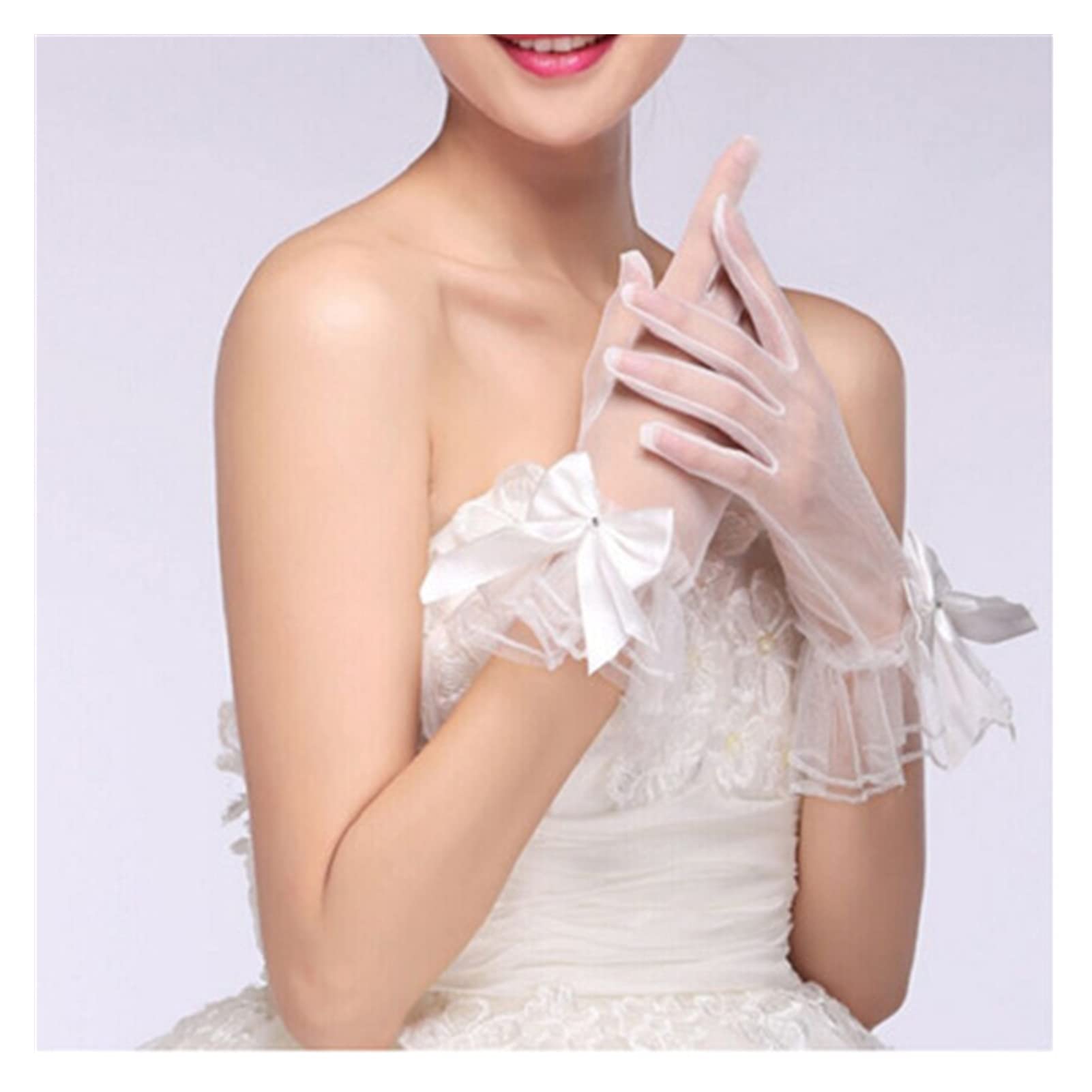 Lace gloves Women Lace Mesh Gloves Short Tulle Gloves Ladies White Wrist Gloves Large Bow Knot Marriage Glove Party Cosplay Accessories (Color : White)