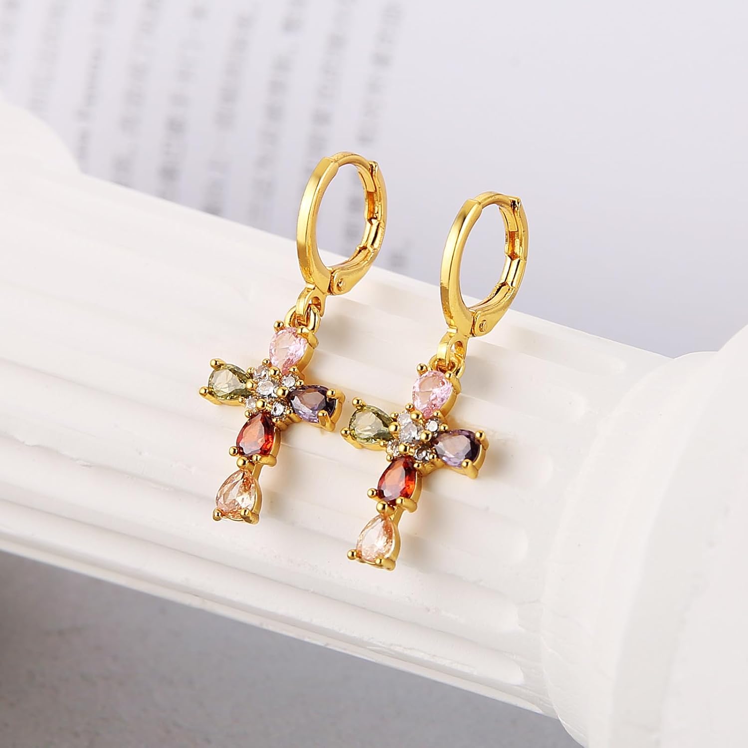 HZMAN Cross Earring for Women 14K Gold Plated Hypoallergenic Dangle Hoop Earrings Dainty Crystal Cubic Zirconia Earrings - Image 4