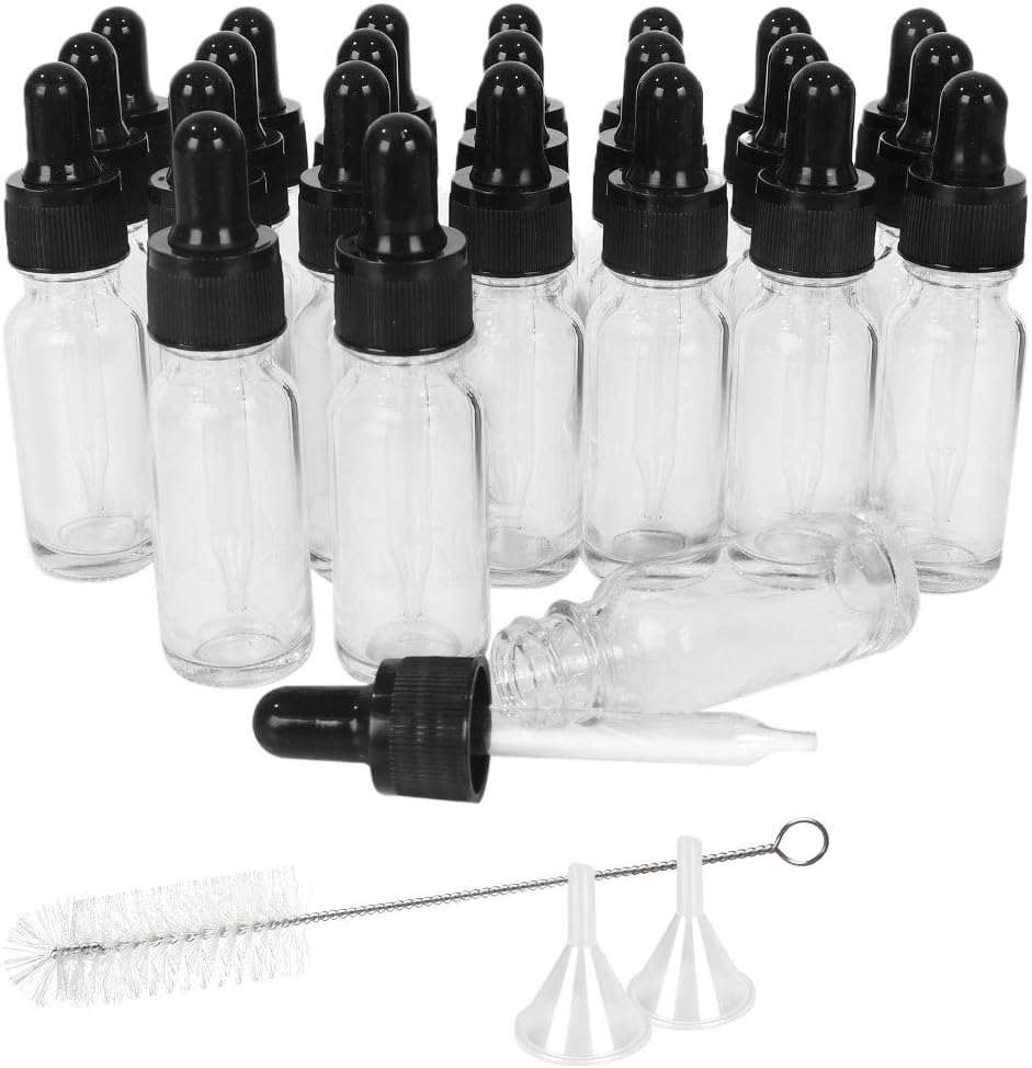 1/2 oz (15 ml) Glass Bottles with Glass Droppers & Plastic Cap,Brush, Funnels and Labels, Clear Travel Bottles for Essential Oils, Liquids and Chemical Lab. Set of 24 Pack.